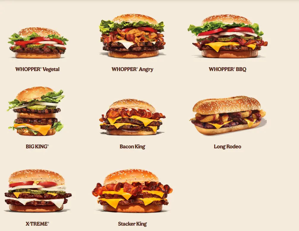 Menú de Burger King Reino Unido